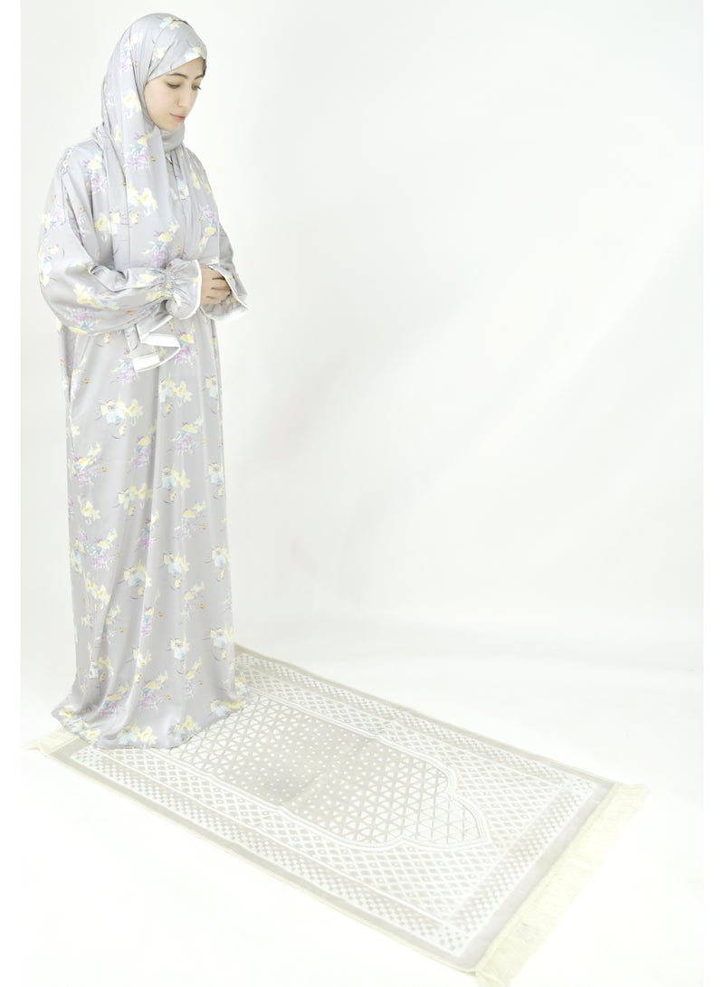  داماس كولكشن باس صلاة نسائي قطعة واحدة من قماش حرير الساتان مع وشاح متصل وجيب – ملابس صلاة شرعية مريحة - Image 3